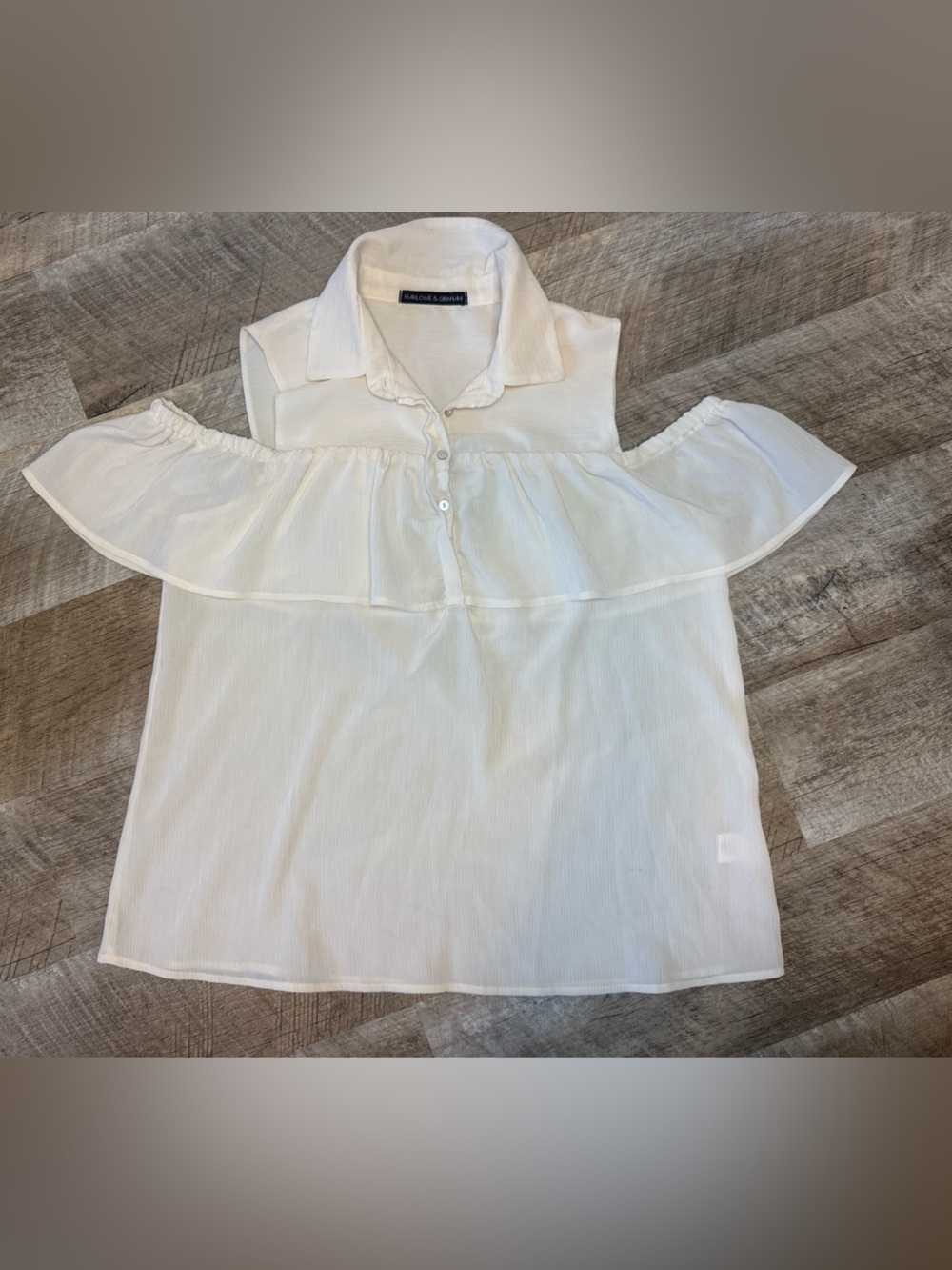 Harlowe & Graham White Cold-Shoulder Blouse with Button Up Detail